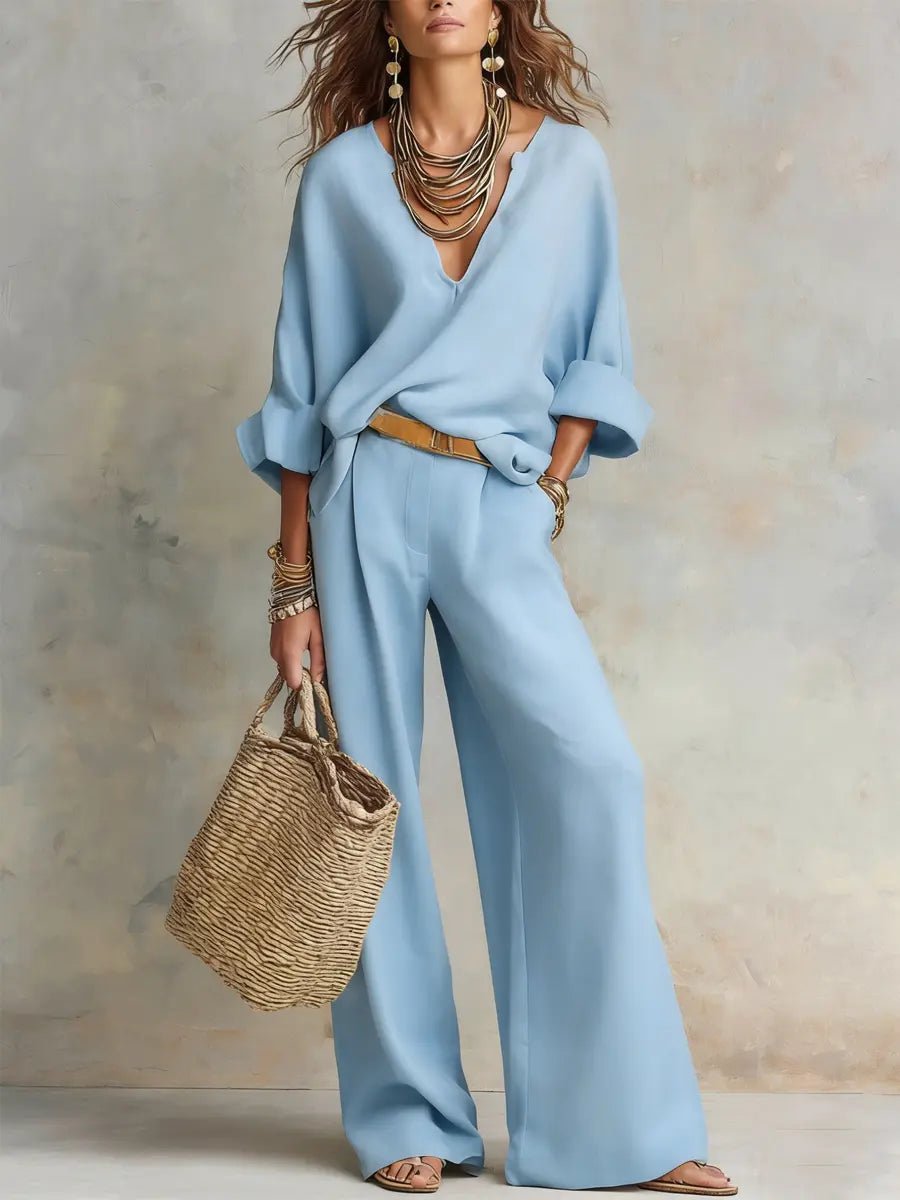 Estelle v-neck top and wide-leg pants set
