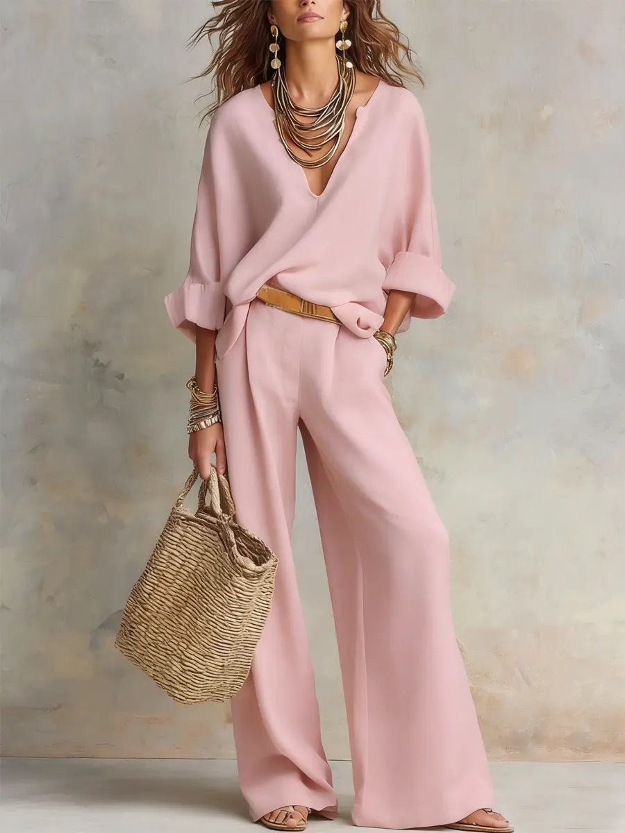 Estelle v-neck top and wide-leg pants set