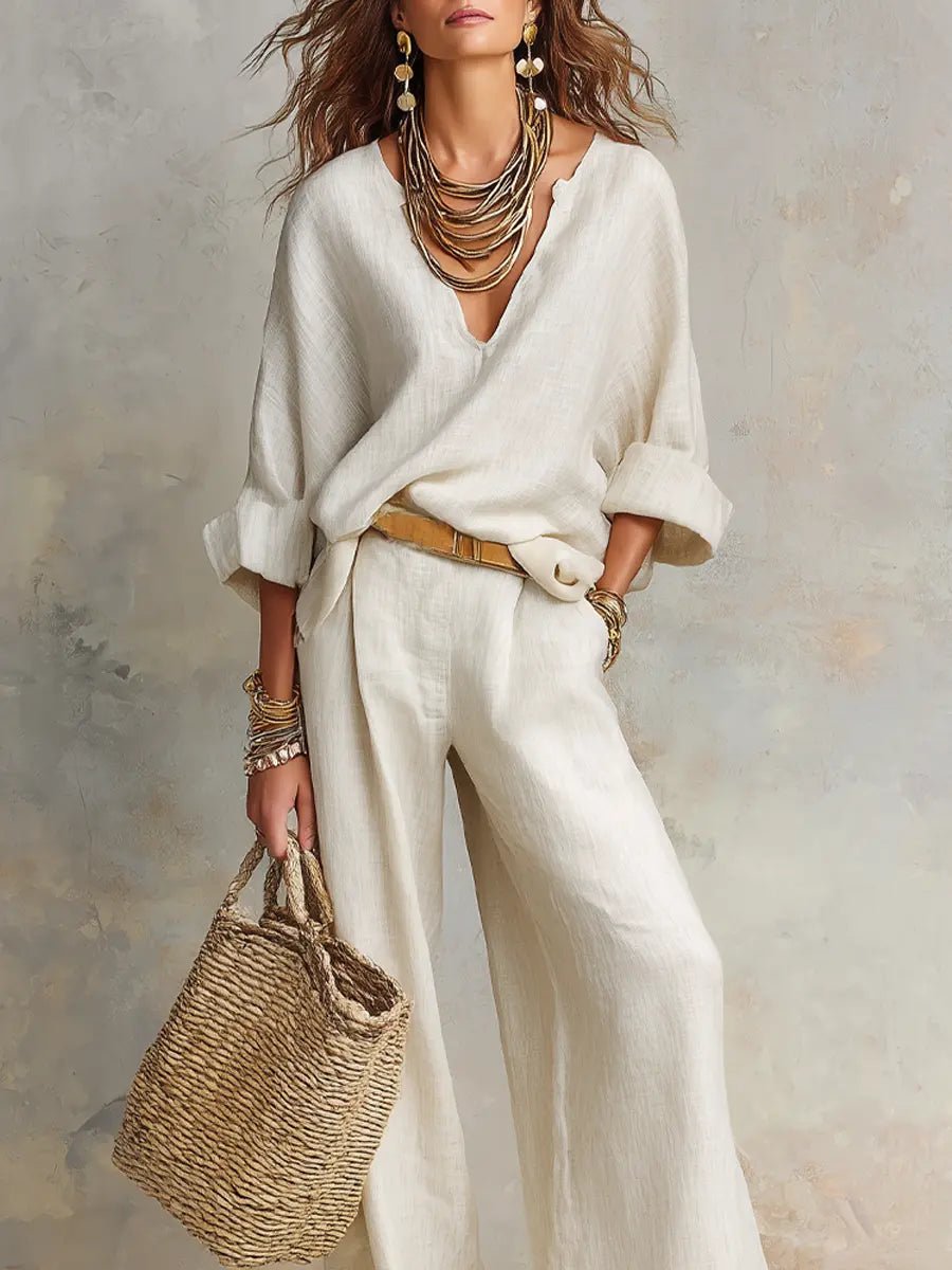 Estelle v-neck top and wide-leg pants set