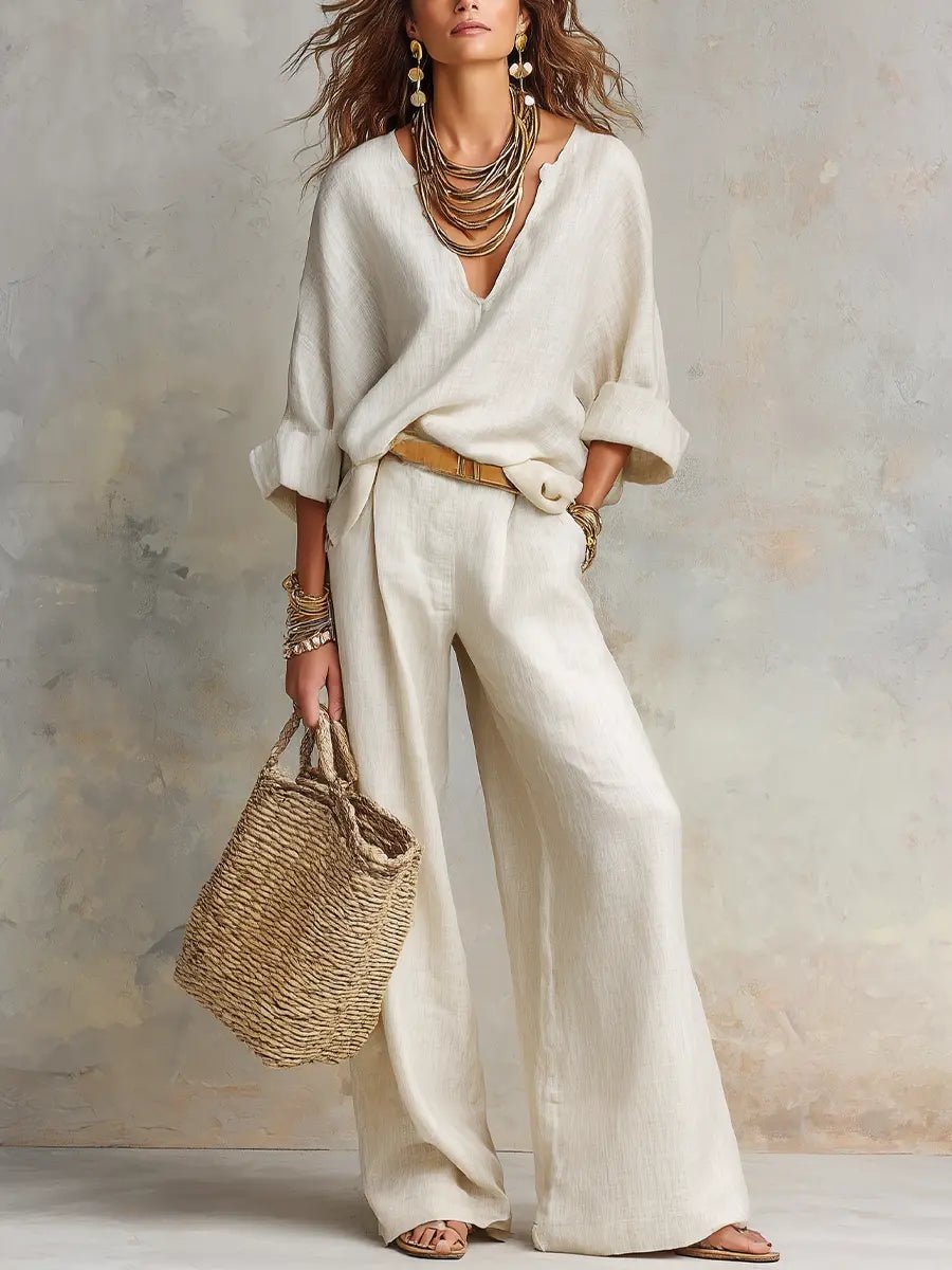 Estelle v-neck top and wide-leg pants set