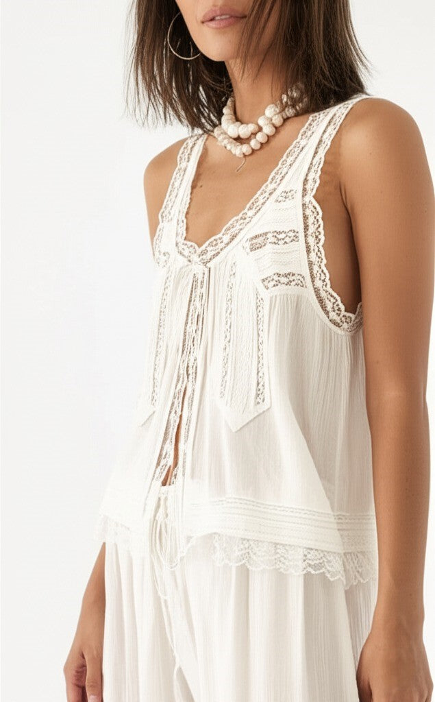 Zelda lace-trim tie-front top and pants two-piece set
