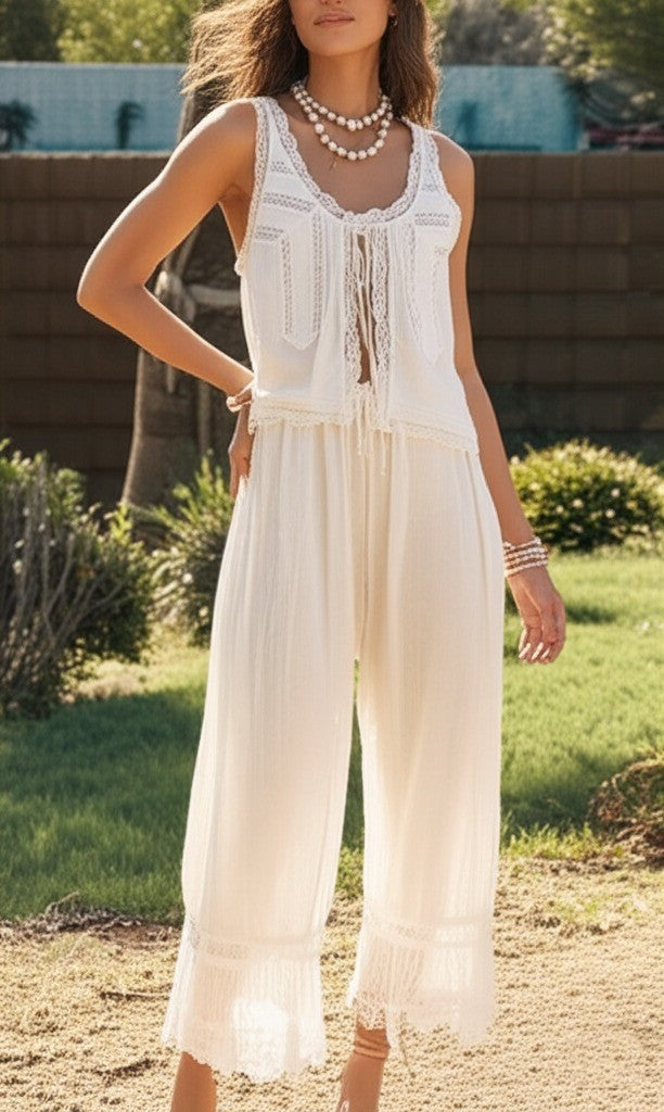 Zelda lace-trim tie-front top and pants two-piece set