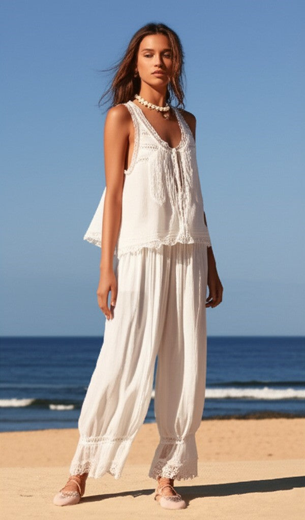 Zelda lace-trim tie-front top and pants two-piece set