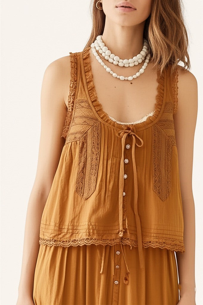 Zelda lace-trim tie-front top and pants two-piece set