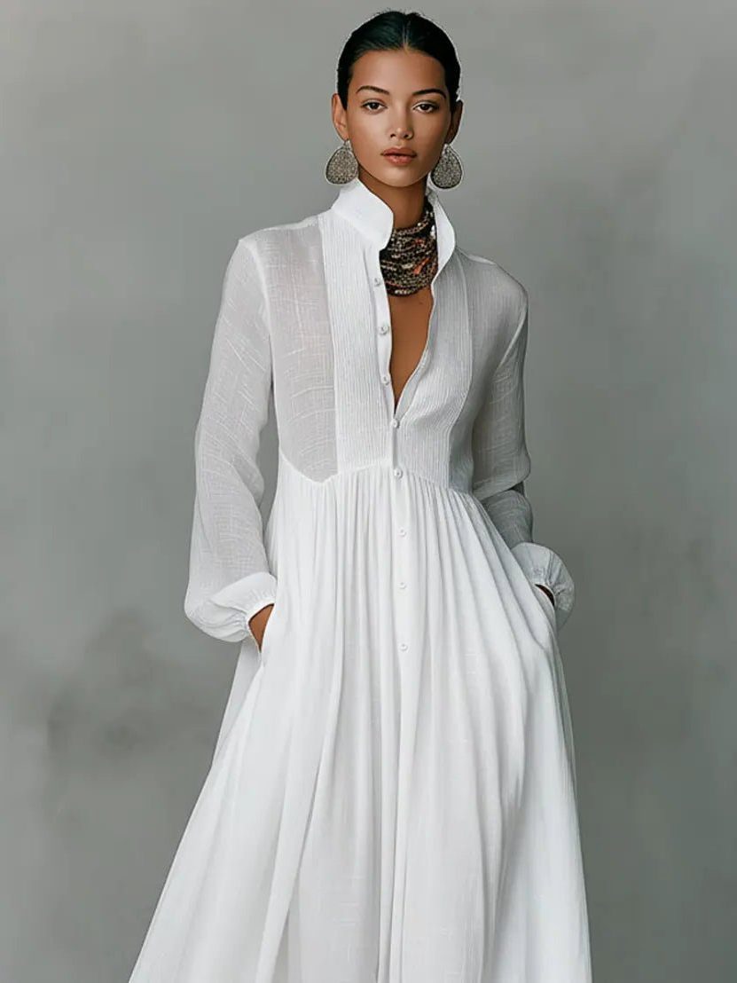 Maribel stand collar maxi shirt dress