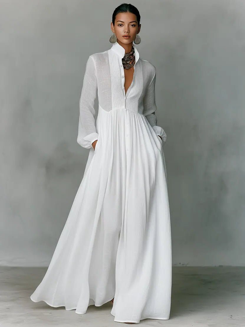 Maribel stand collar maxi shirt dress