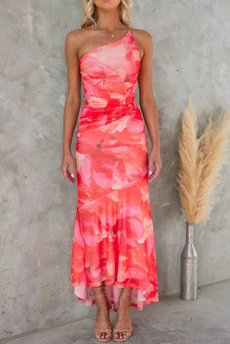 Thea floral one-shoulder ruched mermaid maxi dress