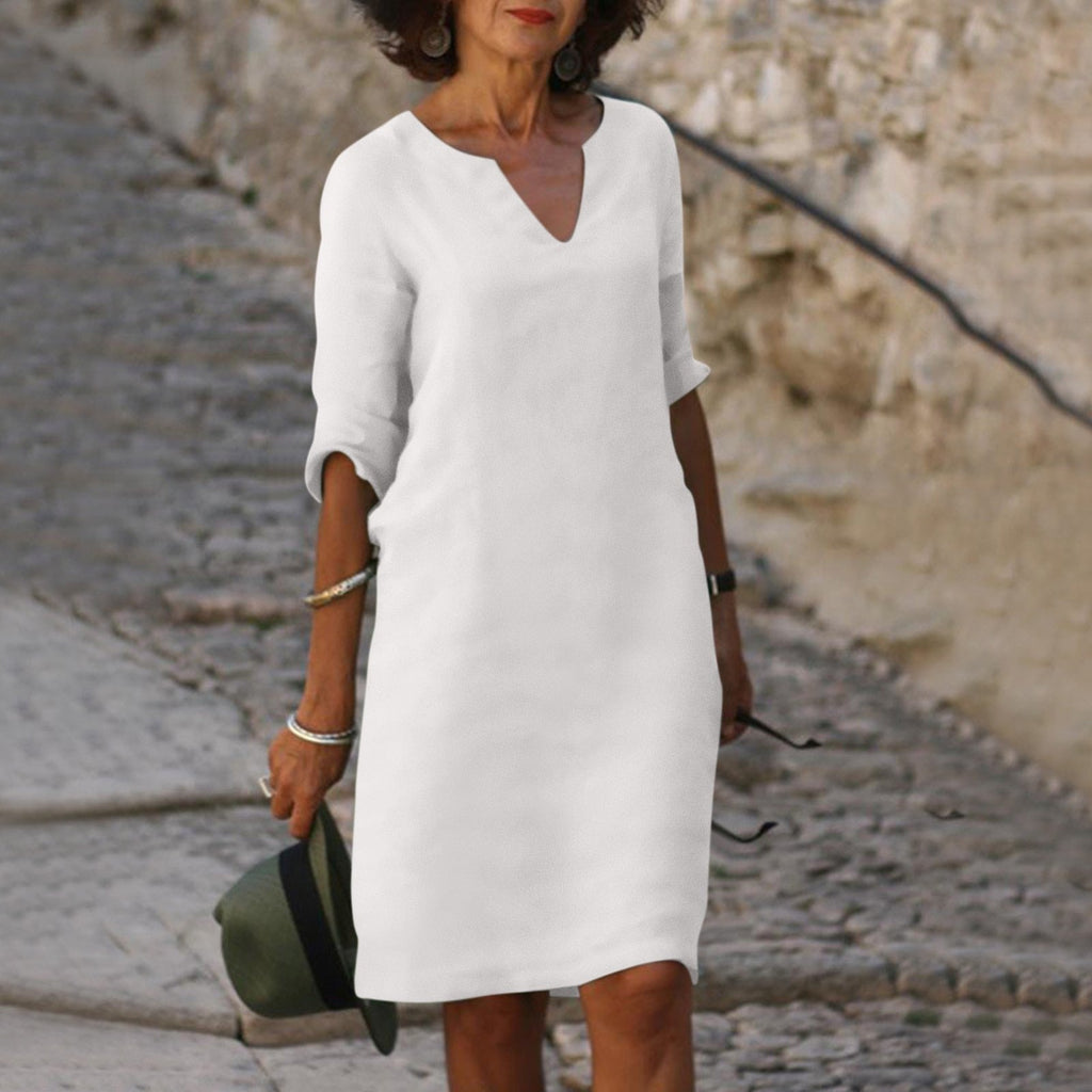 Ginny notch V-neck rolled-sleeve knee-length sundress