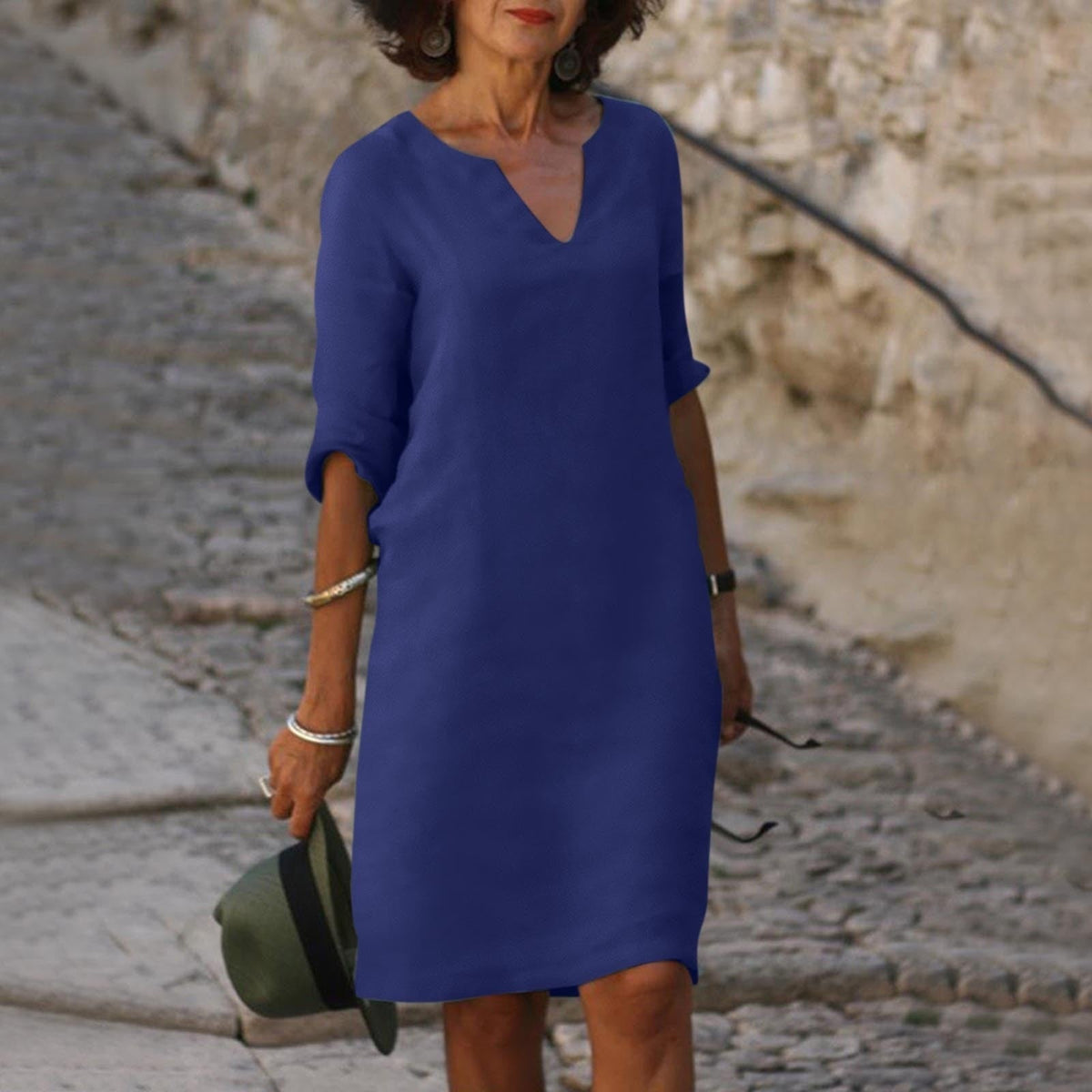Ginny notch V-neck rolled-sleeve knee-length sundress