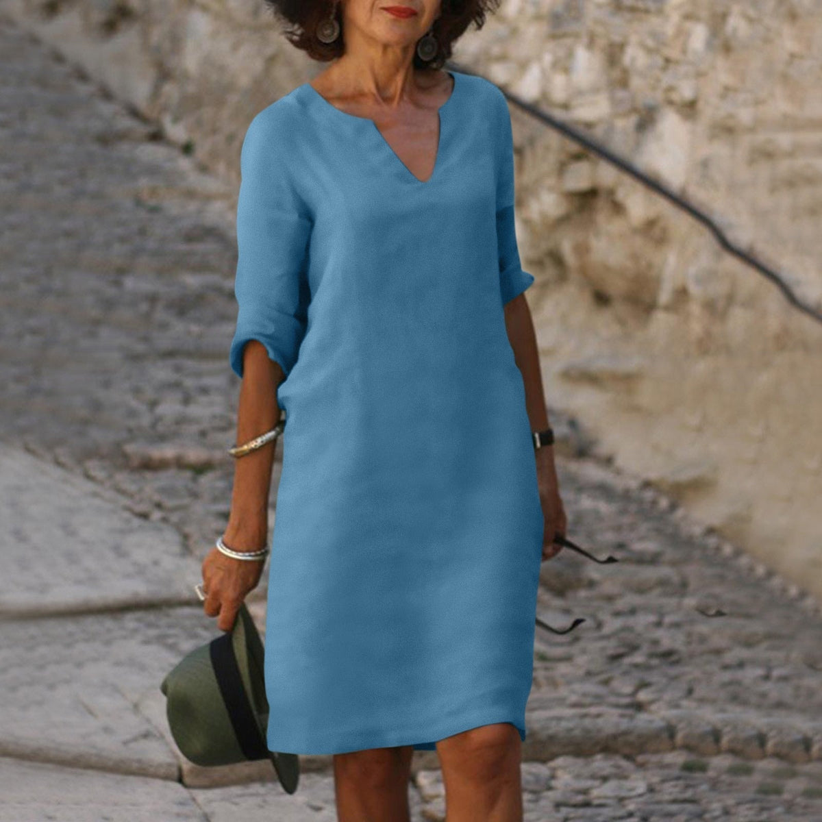 Ginny notch V-neck rolled-sleeve knee-length sundress
