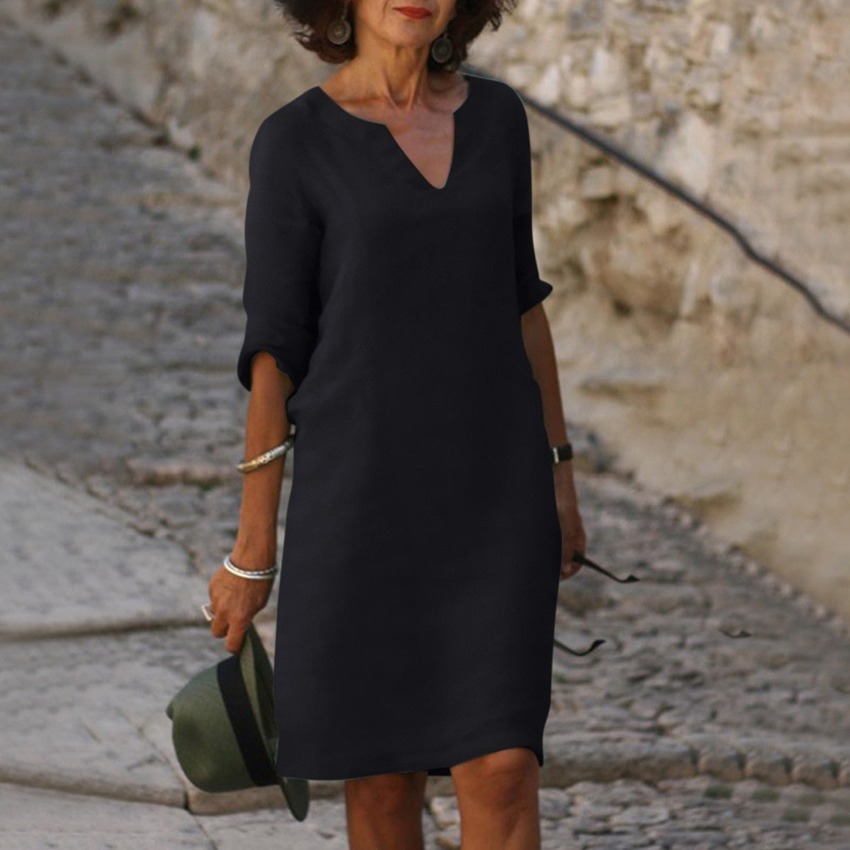 Ginny notch V-neck rolled-sleeve knee-length sundress