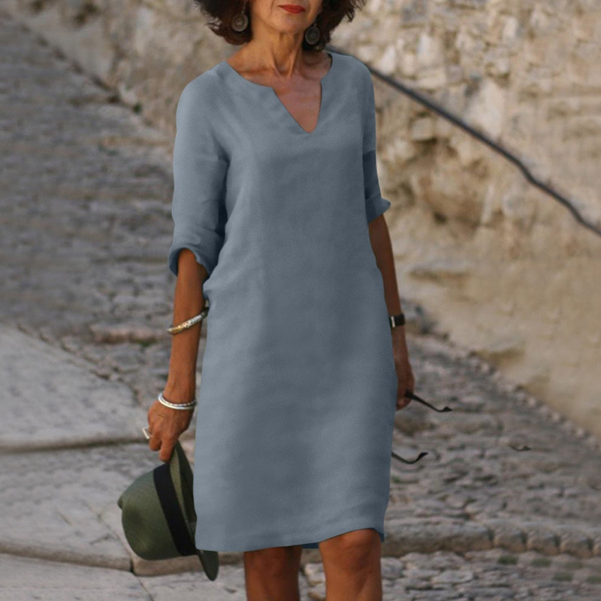 Ginny notch V-neck rolled-sleeve knee-length sundress