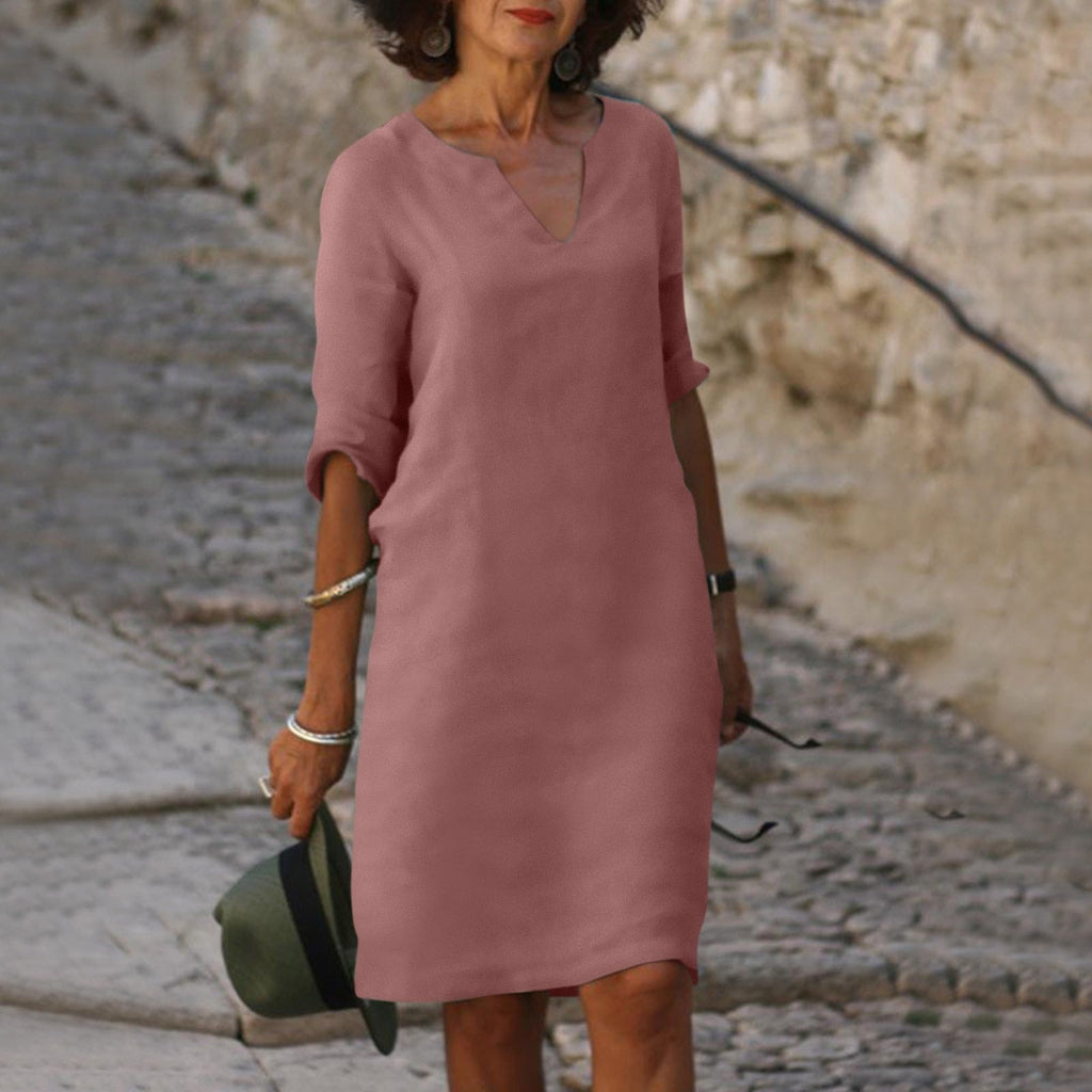 Ginny notch V-neck rolled-sleeve knee-length sundress
