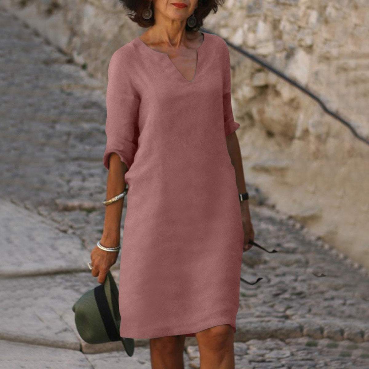Ginny notch V-neck rolled-sleeve knee-length sundress
