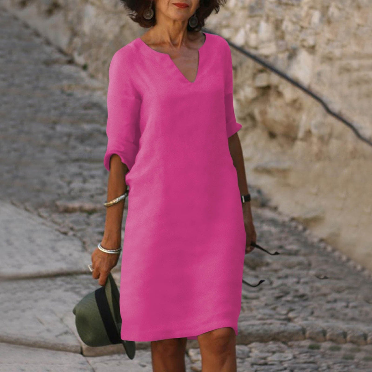 Ginny notch V-neck rolled-sleeve knee-length sundress