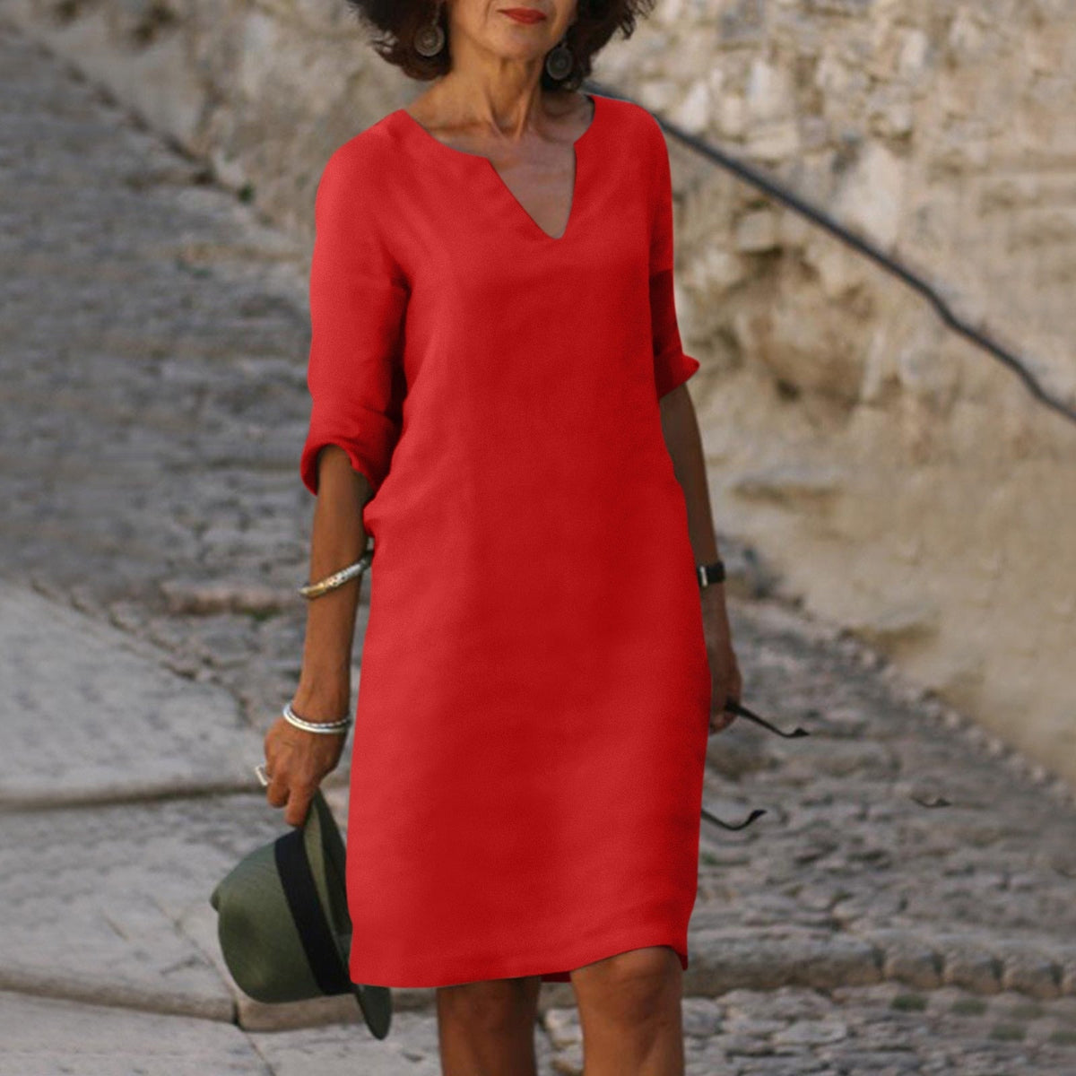 Ginny notch V-neck rolled-sleeve knee-length sundress