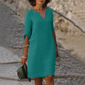 Ginny notch V-neck rolled-sleeve knee-length sundress