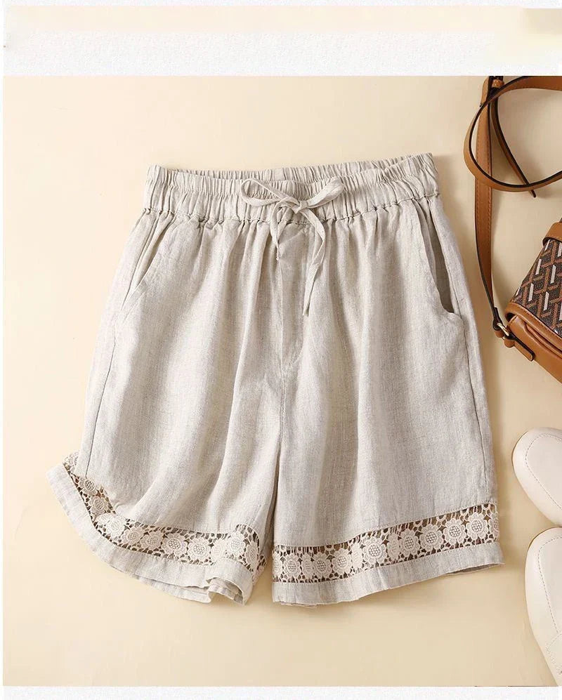 Genevieve openwork trim drawstring shorts