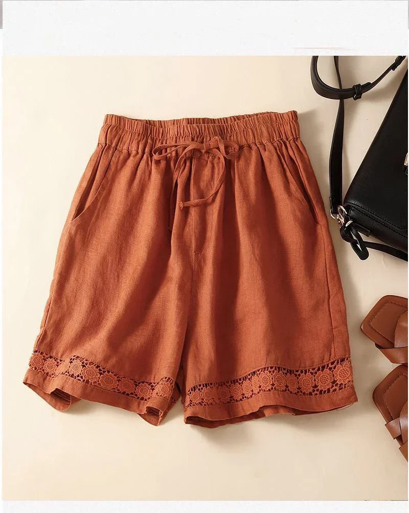 Genevieve openwork trim drawstring shorts