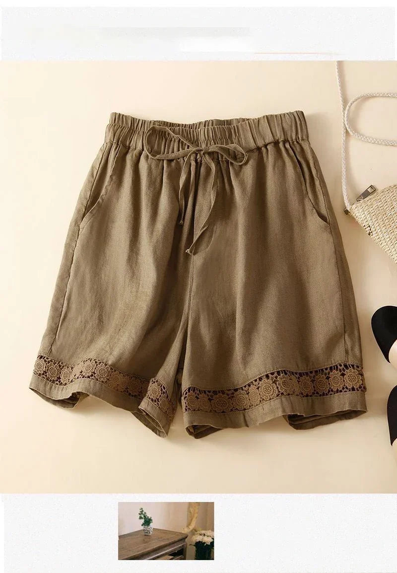Genevieve openwork trim drawstring shorts