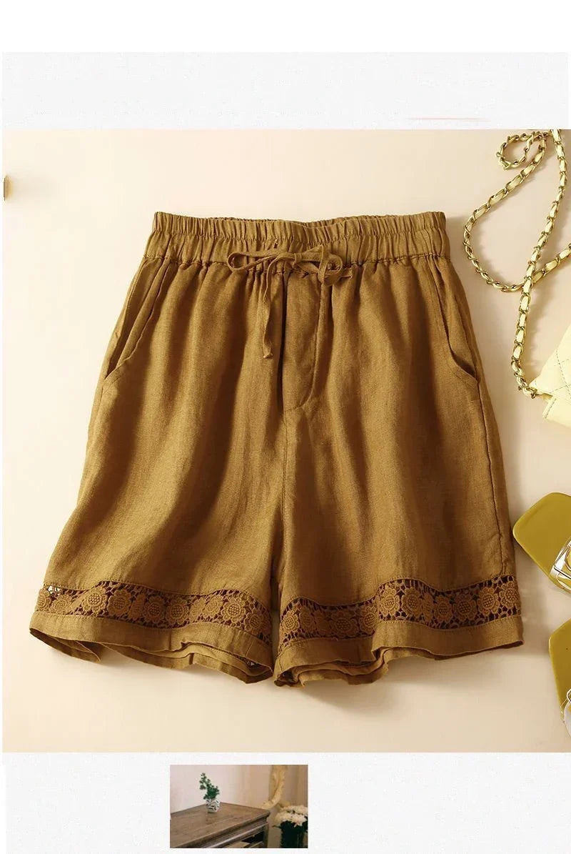 Genevieve openwork trim drawstring shorts