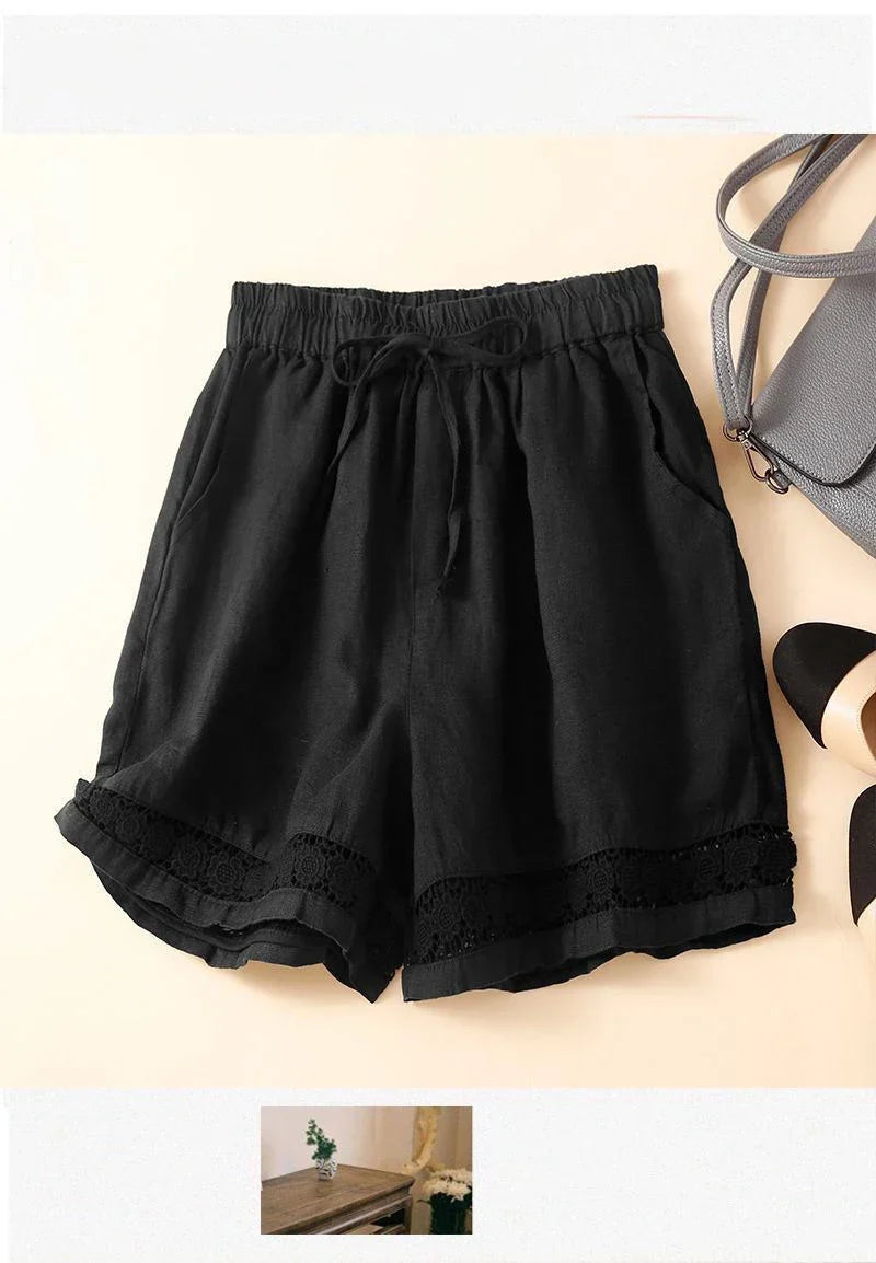 Genevieve openwork trim drawstring shorts