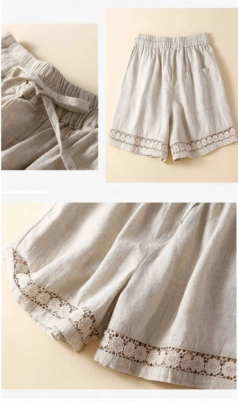 Genevieve openwork trim drawstring shorts
