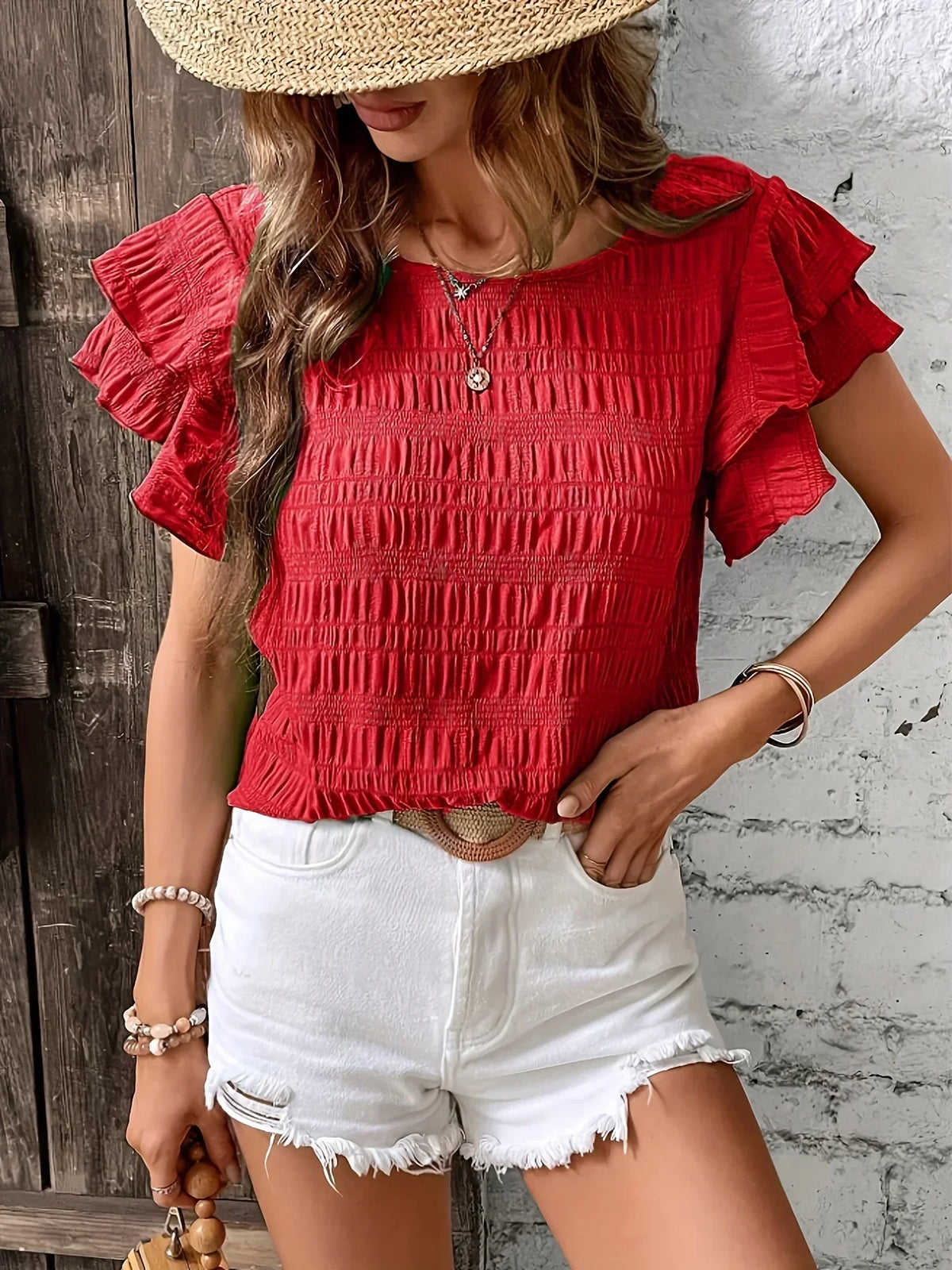 Lenore smocked round-neck layered ruffle-sleeve blouse