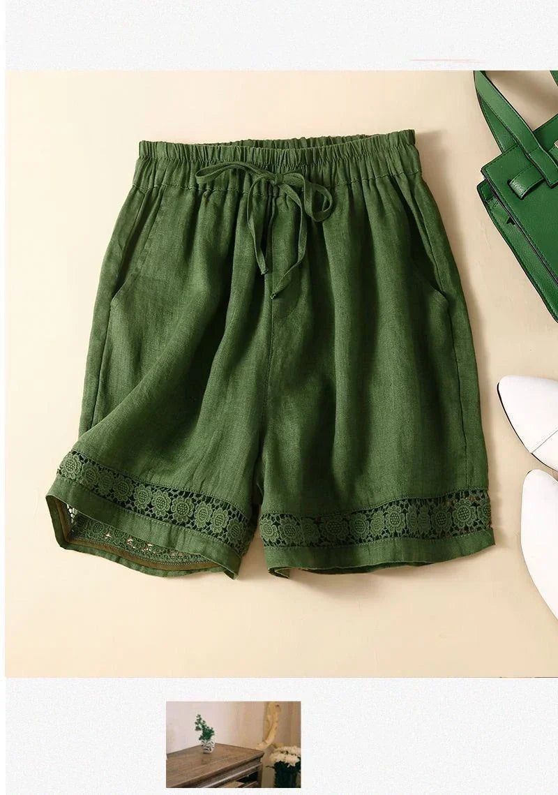 Genevieve openwork trim drawstring shorts