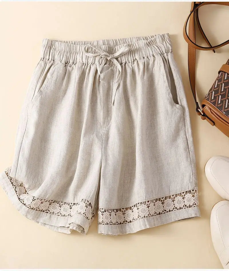 Genevieve openwork trim drawstring shorts