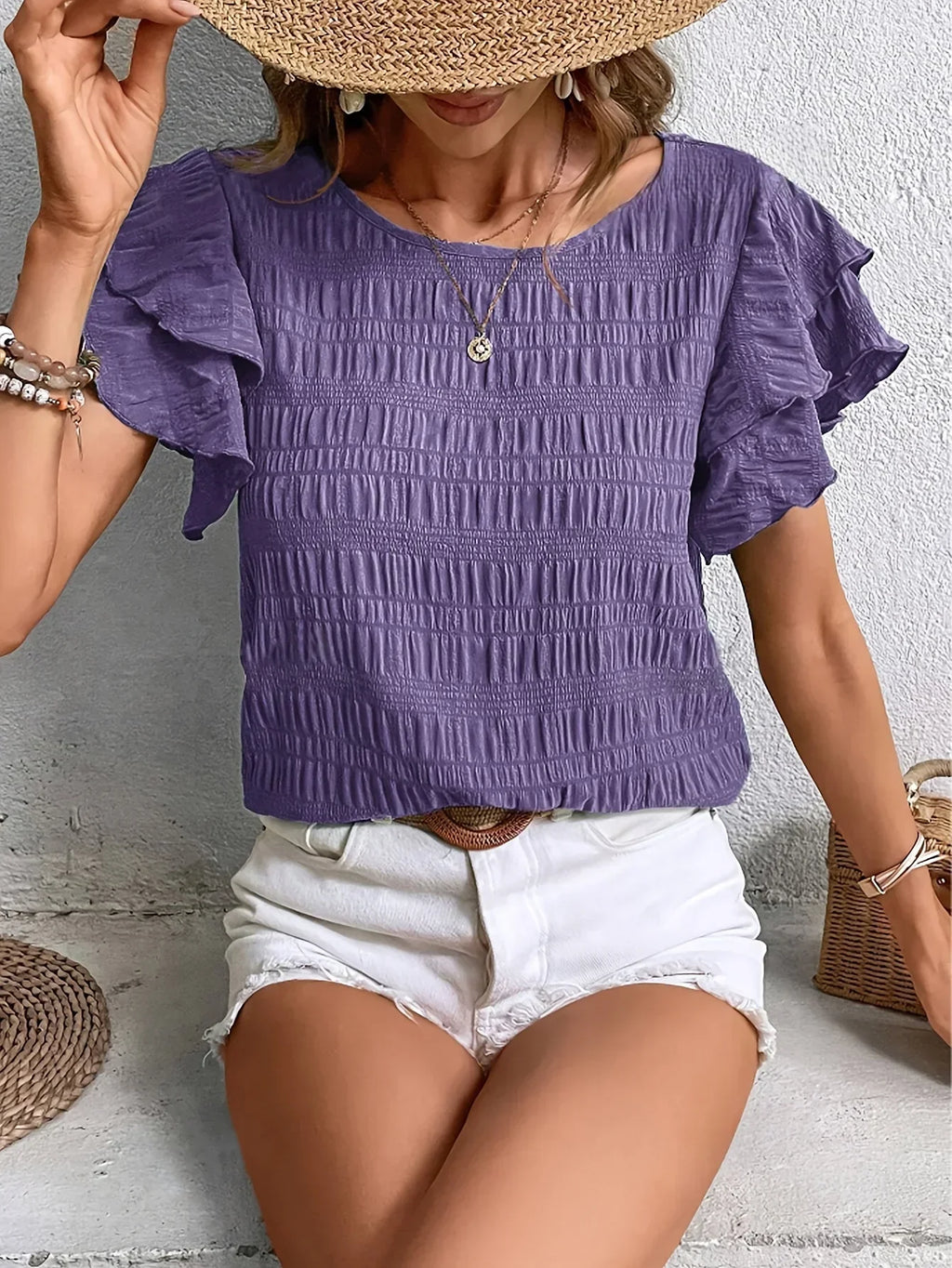 Lenore smocked round-neck layered ruffle-sleeve blouse