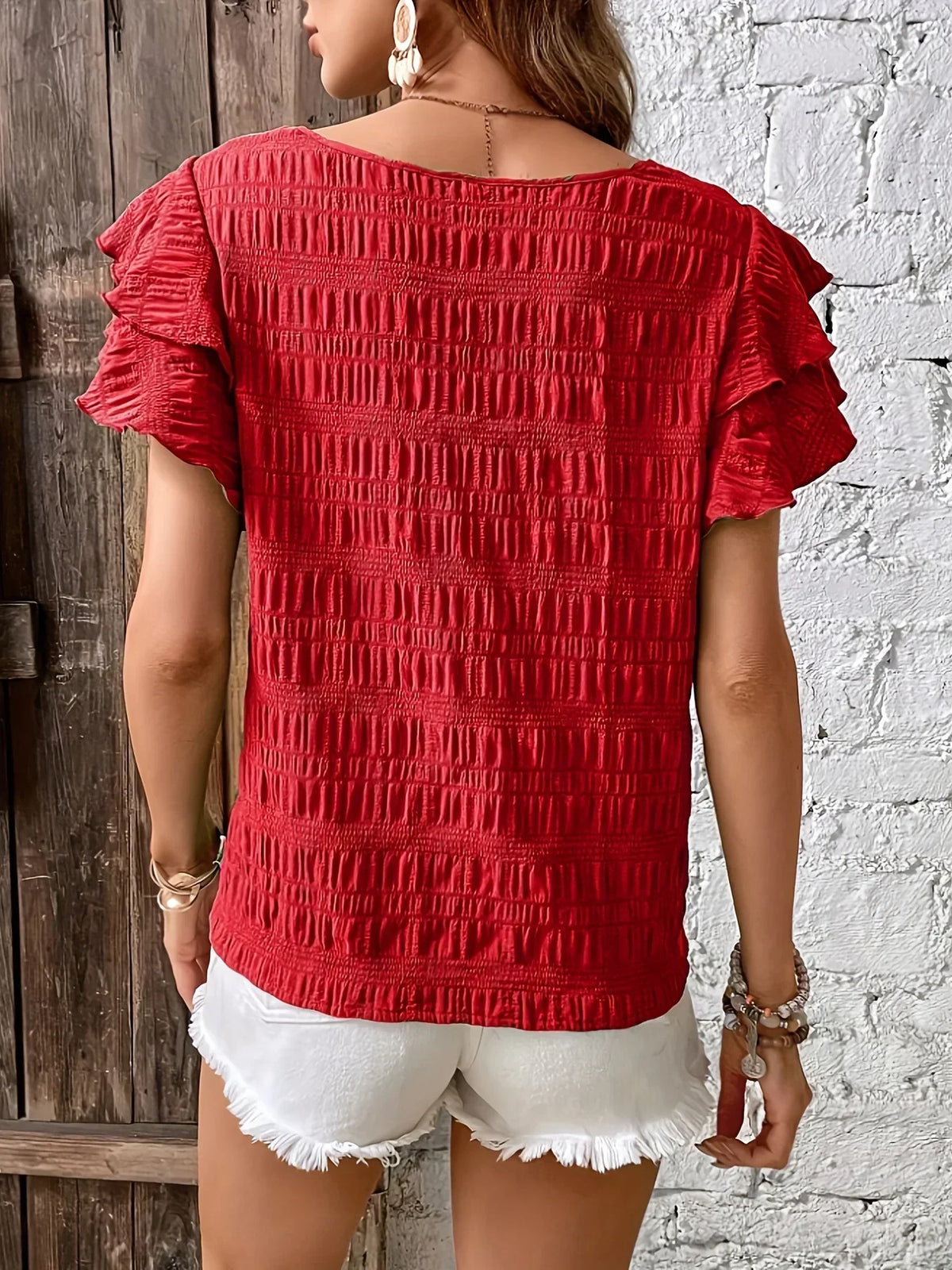 Lenore smocked round-neck layered ruffle-sleeve blouse