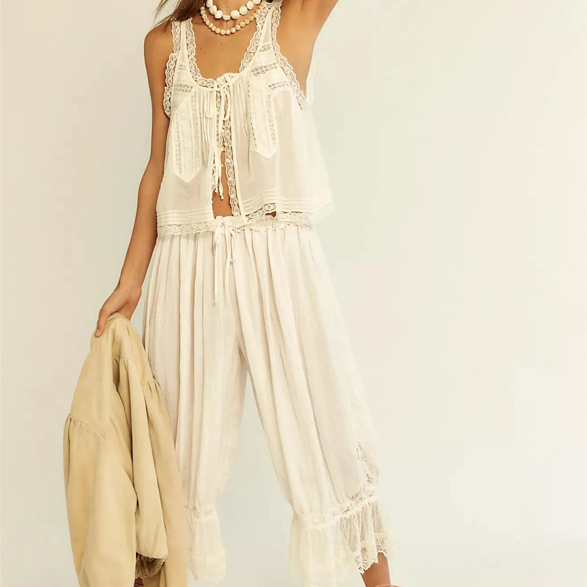 Zelda lace-trim tie-front top and pants two-piece set