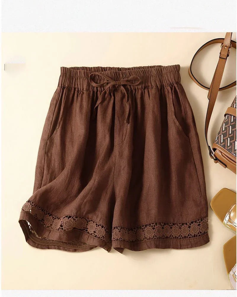 Genevieve openwork trim drawstring shorts