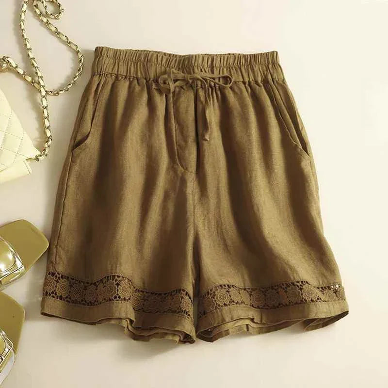 Genevieve openwork trim drawstring shorts