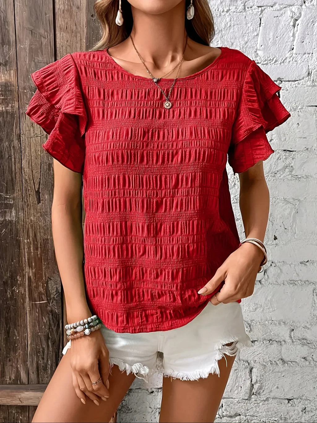 Lenore smocked round-neck layered ruffle-sleeve blouse