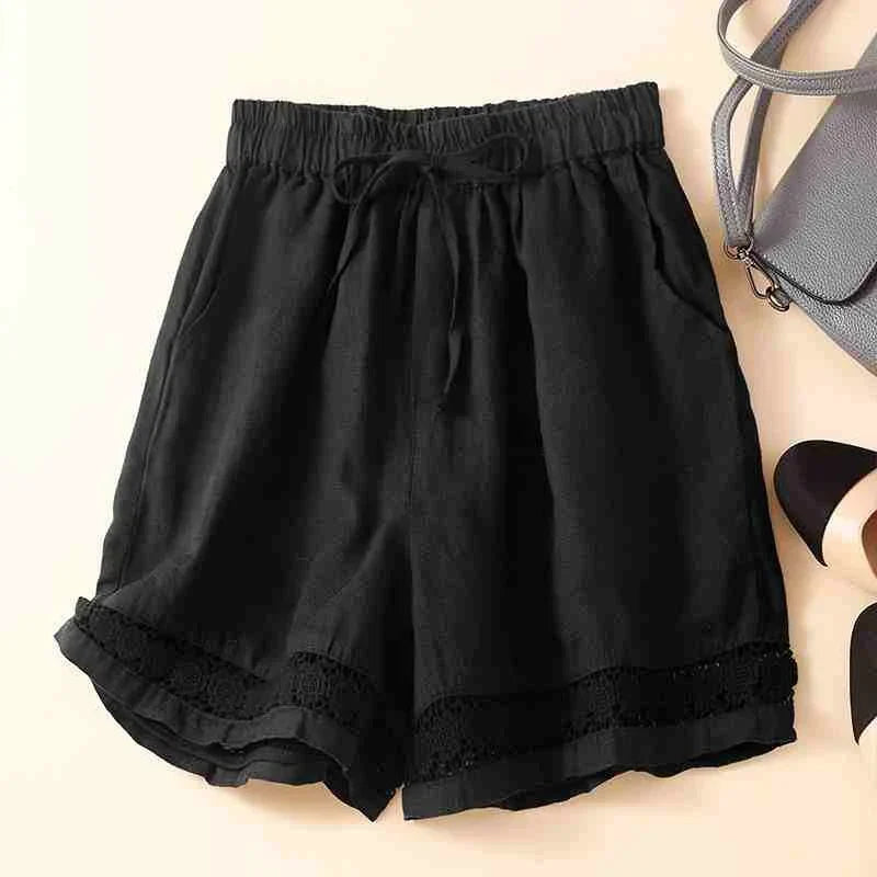 Genevieve openwork trim drawstring shorts