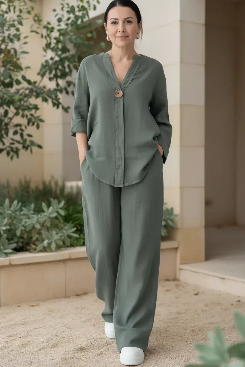 Penelope button top and wide-leg pants set