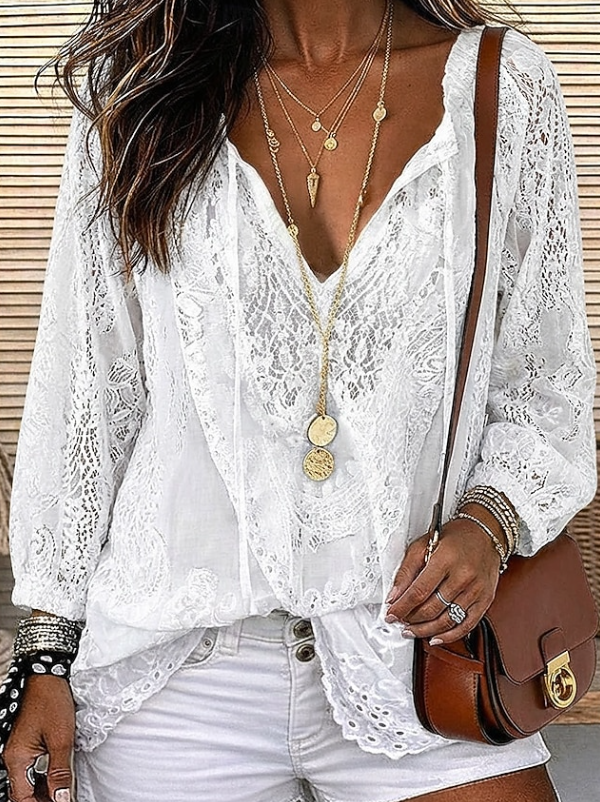 Greer lace tie-neck long-sleeve blouse