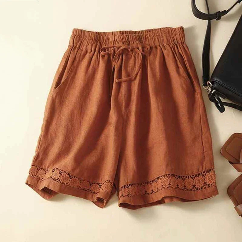 Genevieve openwork trim drawstring shorts