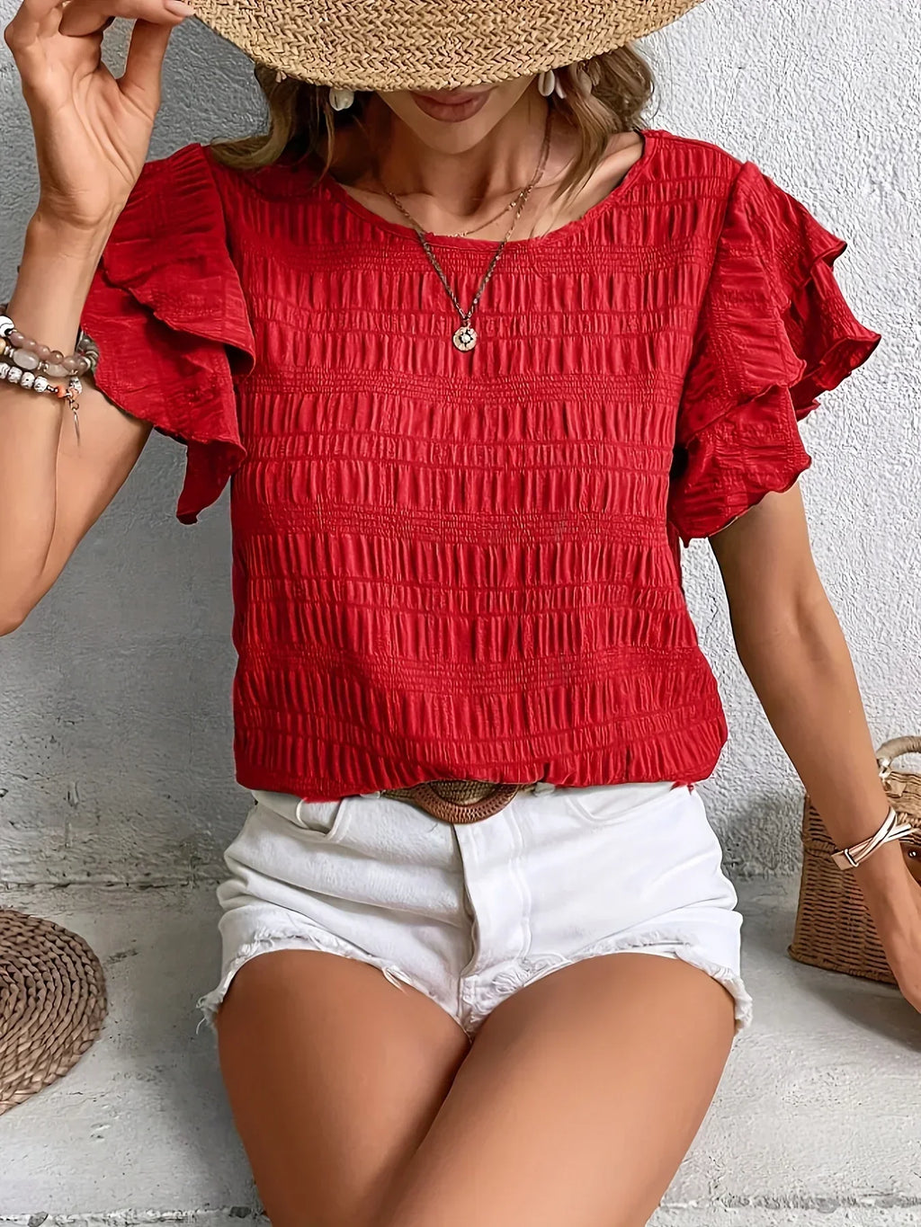 Lenore smocked round-neck layered ruffle-sleeve blouse