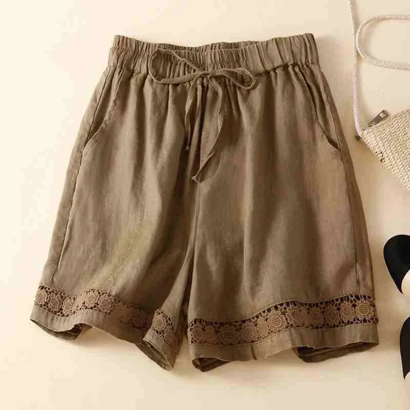 Genevieve openwork trim drawstring shorts