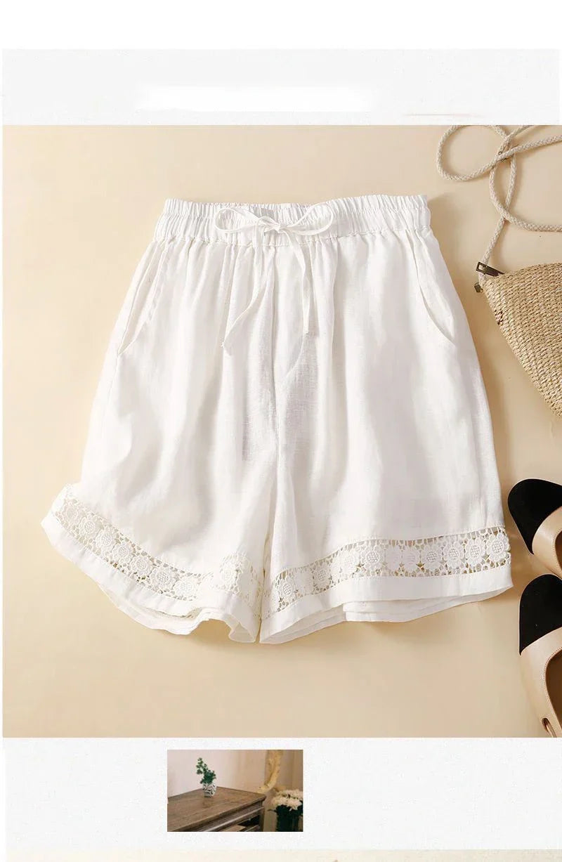 Genevieve openwork trim drawstring shorts