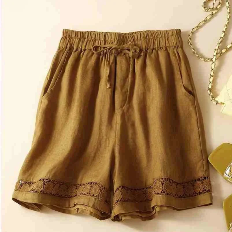 Genevieve openwork trim drawstring shorts