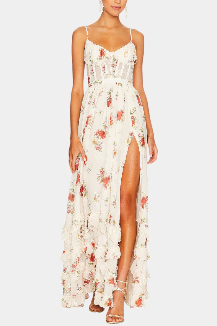 Harlow floral corset-bodice split ruffle-hem maxi dress