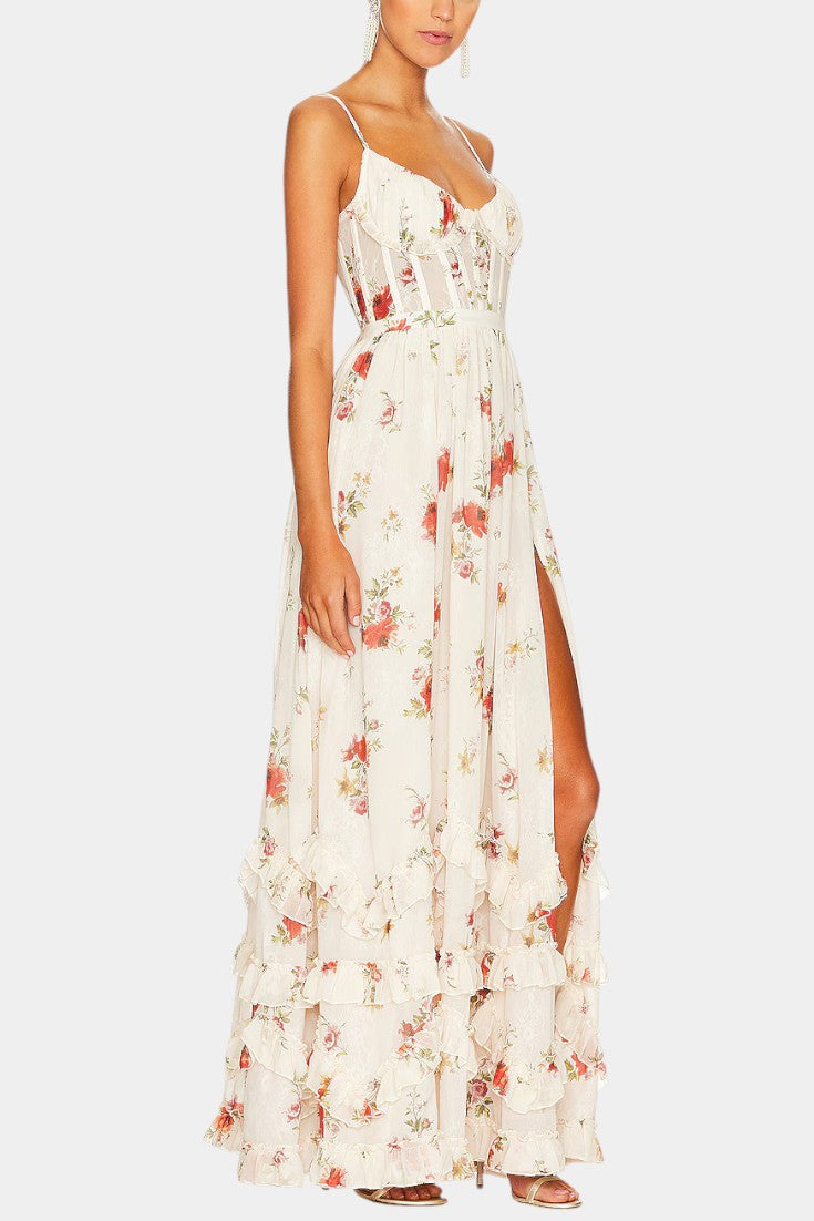 Harlow floral corset-bodice split ruffle-hem maxi dress