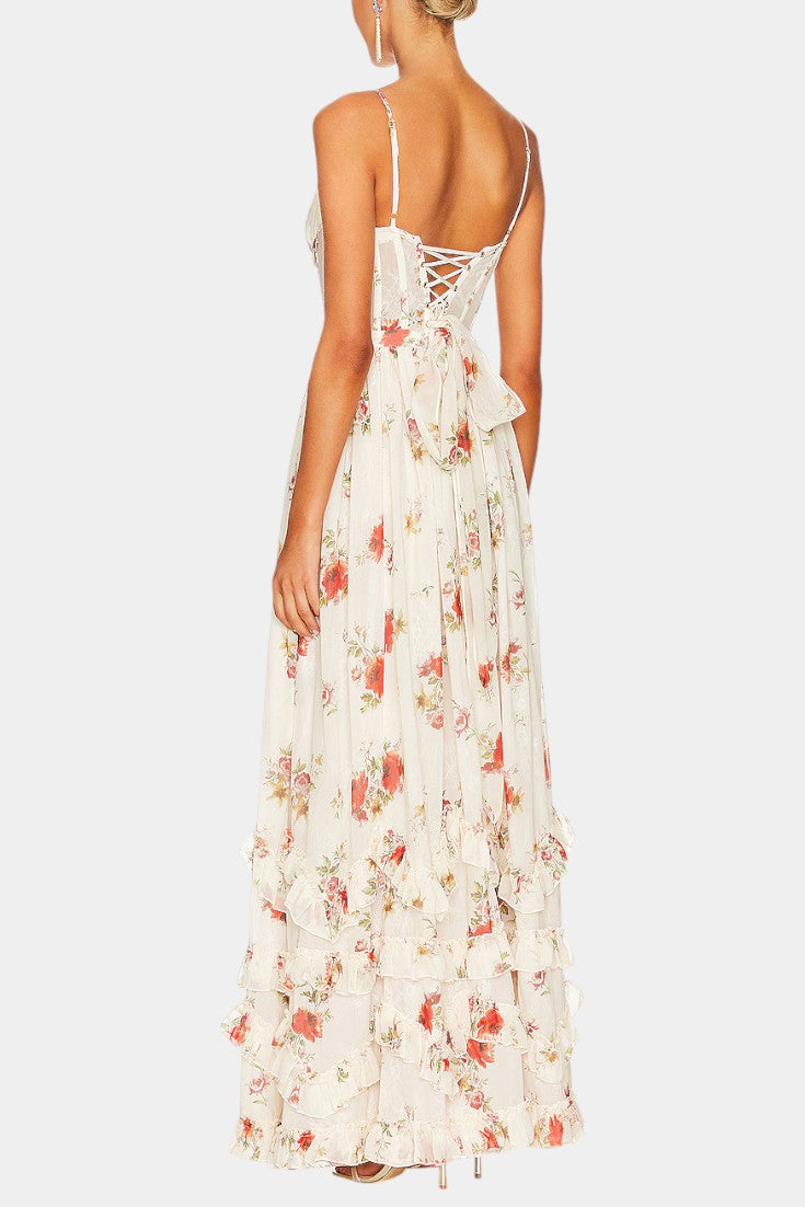 Harlow floral corset-bodice split ruffle-hem maxi dress