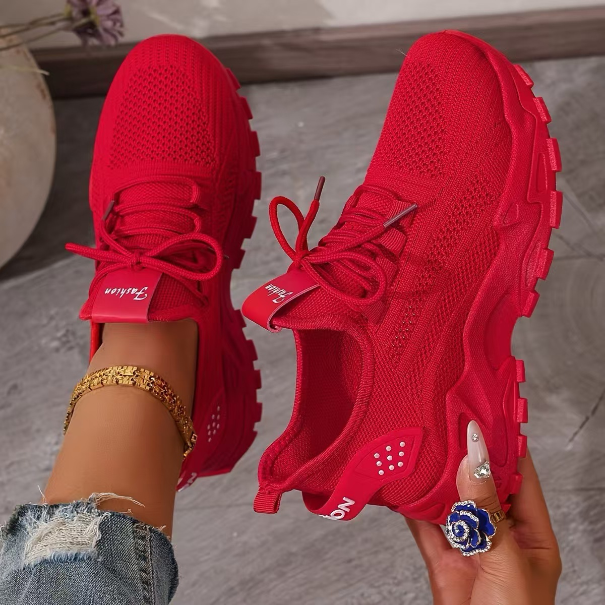Aura Chunky-Sole Knit Trainers | Women's Lace-Up Mesh Sneakers