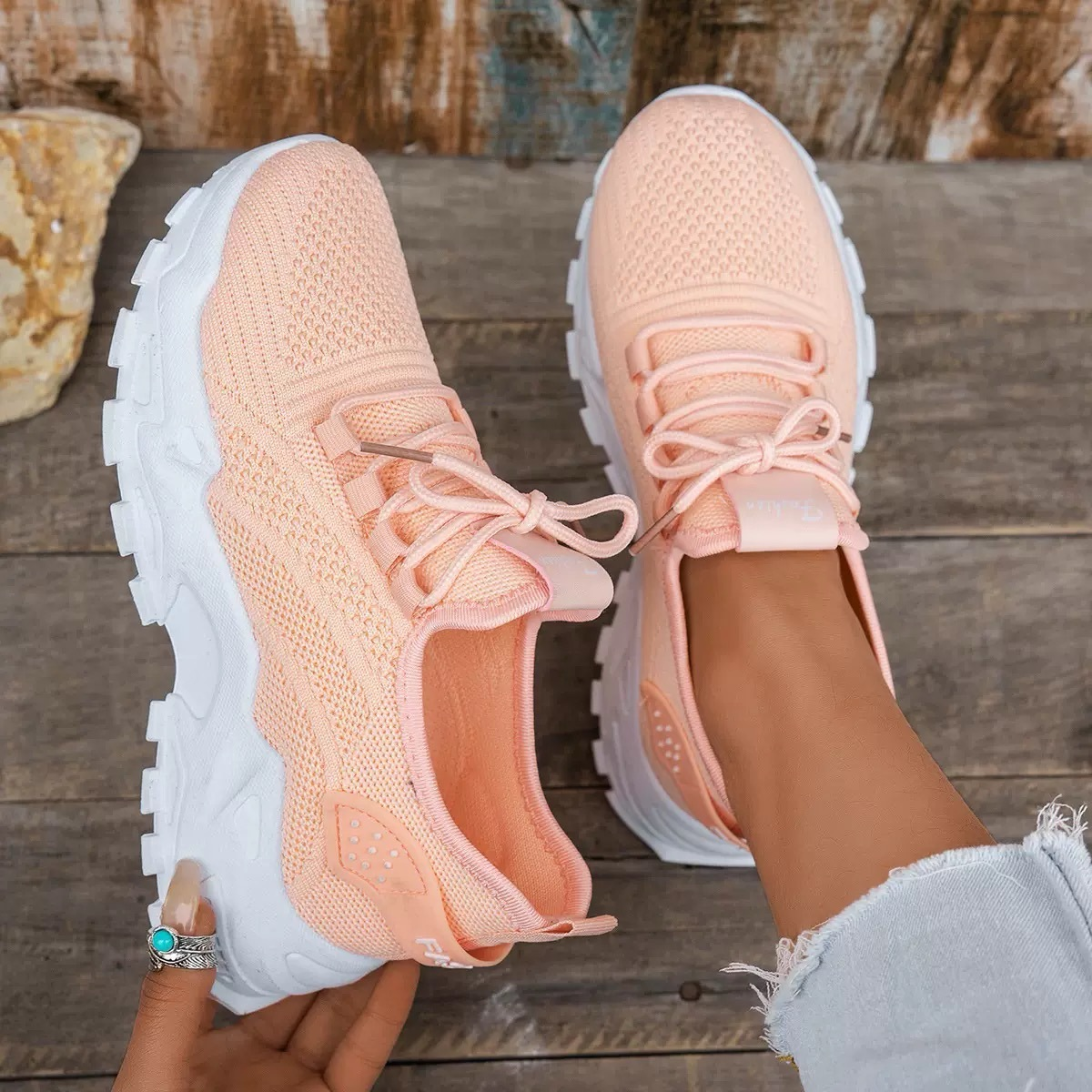 Aura Chunky-Sole Knit Trainers | Women's Lace-Up Mesh Sneakers