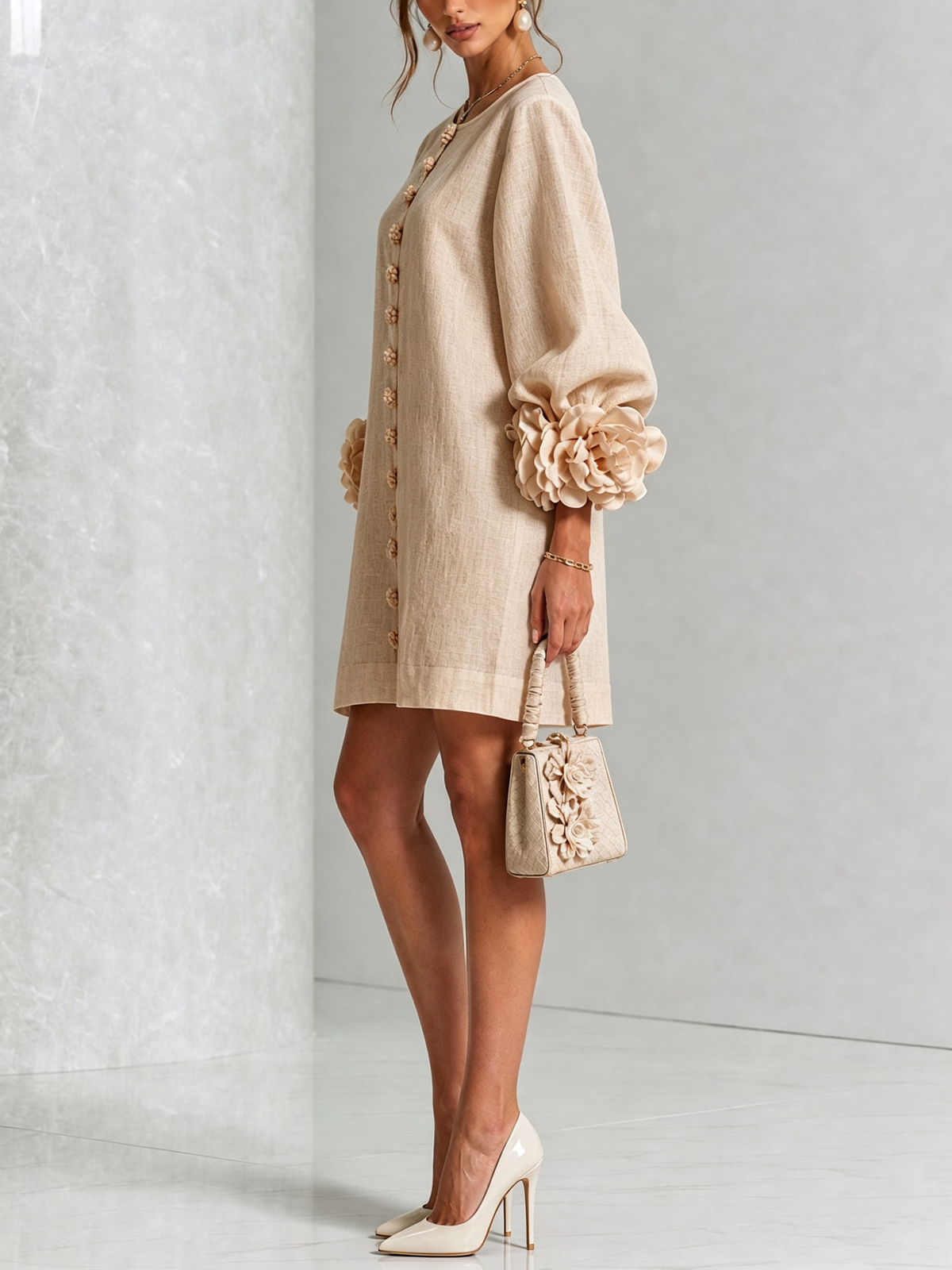 Gemma rosette-cuff balloon-sleeve mini shift dress
